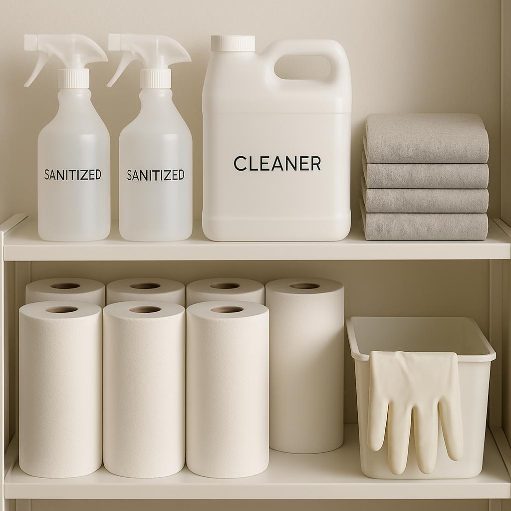 Two shelves with bottles of sanitizer and cleaner, paper towels, and light grey linens amidst a pale, minimalistic or neut...