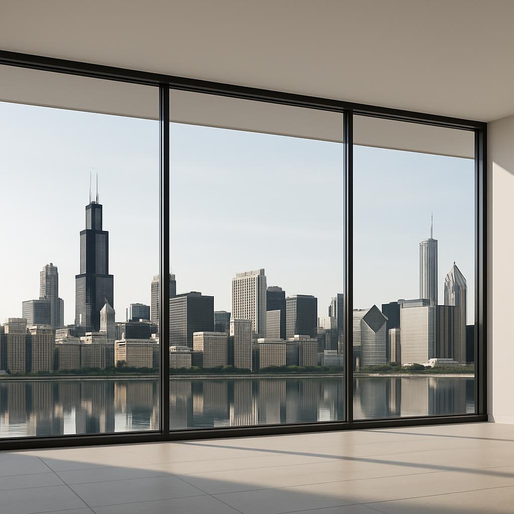 A modern glass paneled window overlooking a cityscape with a lake, featuring the world's tallest building in the background.