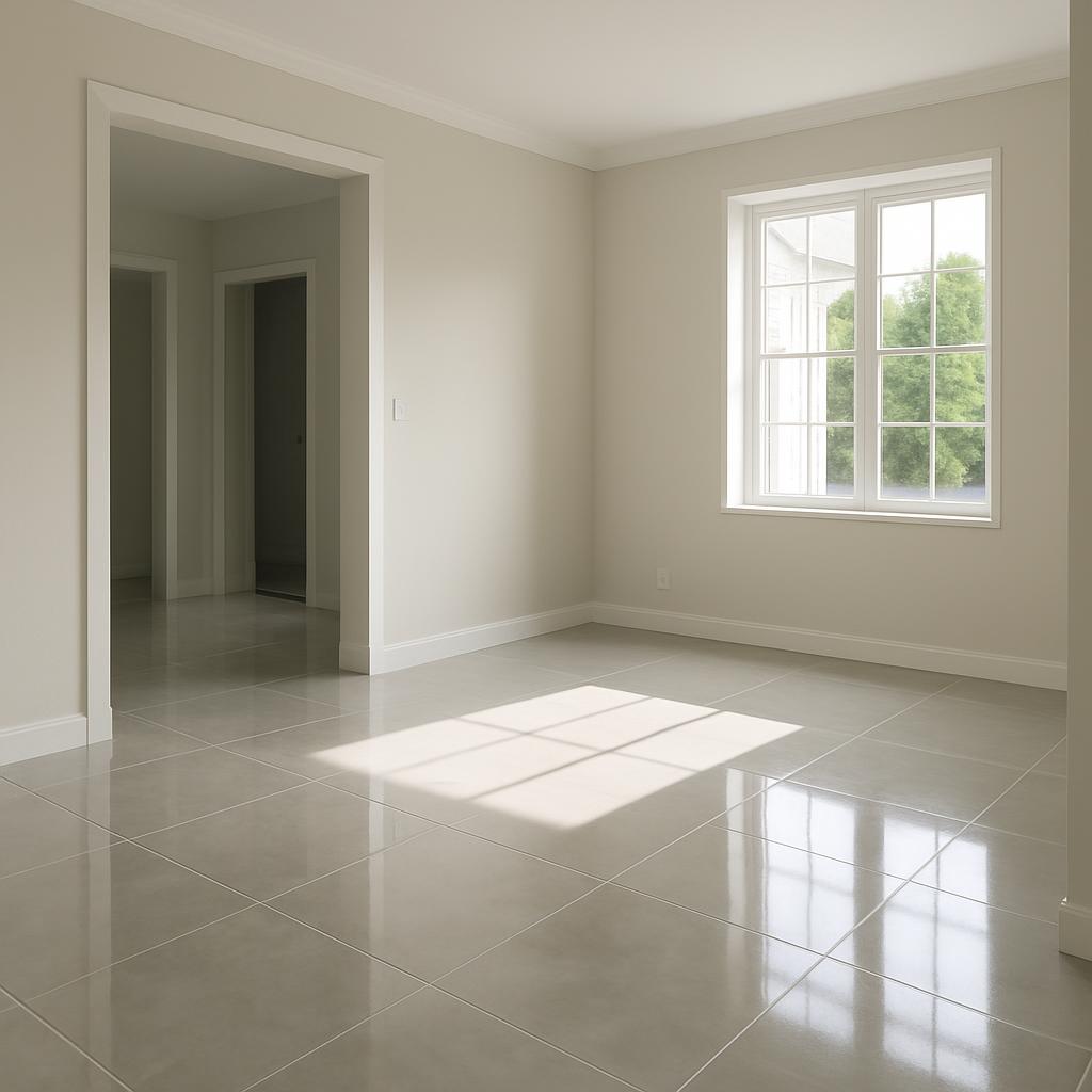 A large, otherwise empty room with shiny gray tile floors and white walls features an open doorway to another room, a glas...